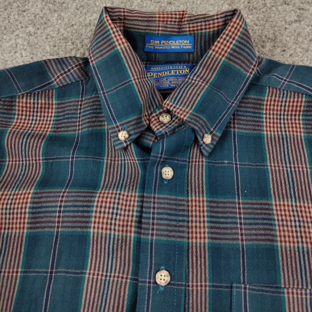 Pendleton Shirt Mens Medium Sir Pendleton Teal Plaid Worsted Wool Button Down